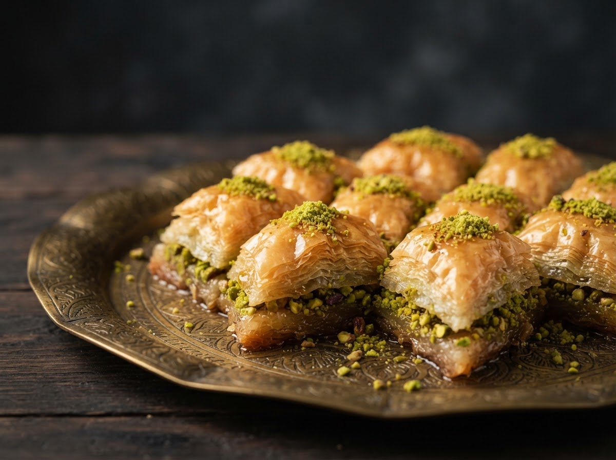 Turkish baklava with pistachios and honey on a brass plate
