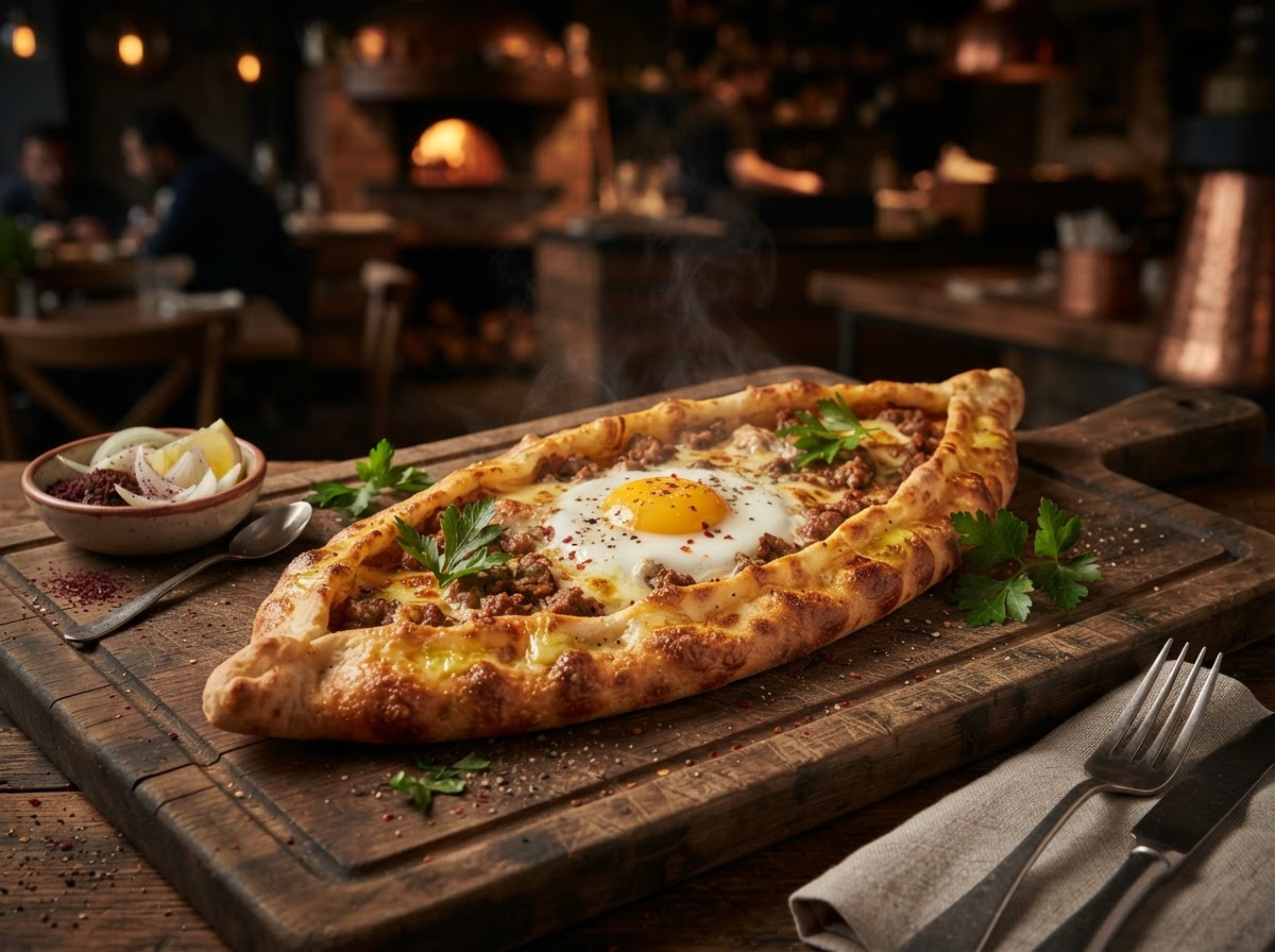 Turkish pide boat-shaped flatbread with cheese and egg