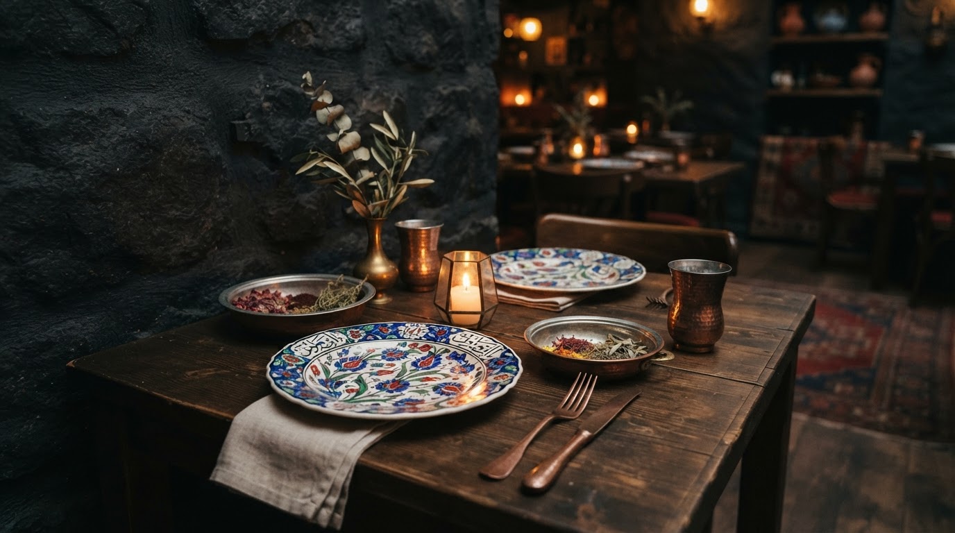 Elegant Turkish dining table with ceramic plates and copper bowls in warm candlelight