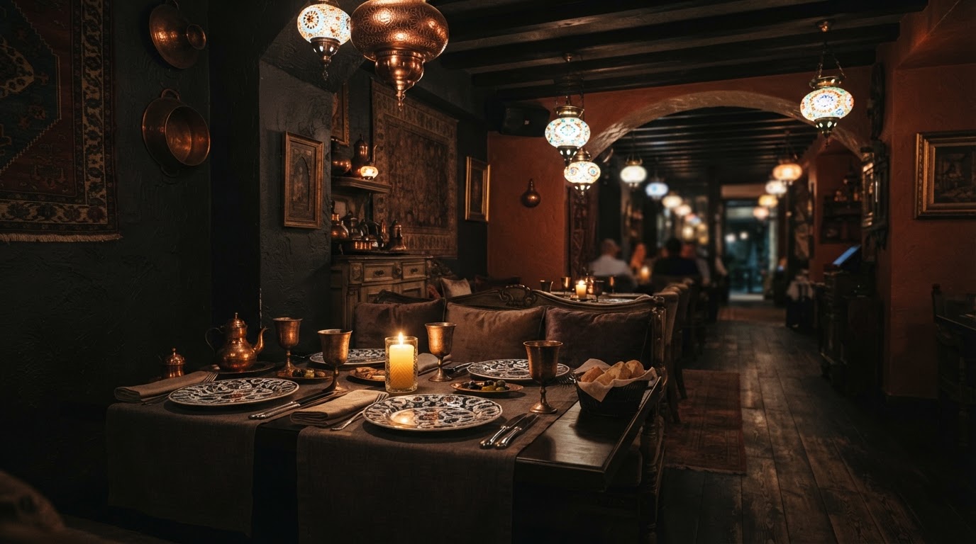 Warm, candlelit Turkish restaurant interior with copper lanterns and a set dining table
