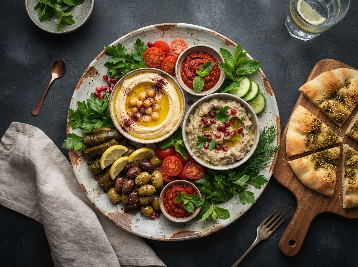 Turkish mezze platter with hummus, baba ganoush and stuffed vine leaves