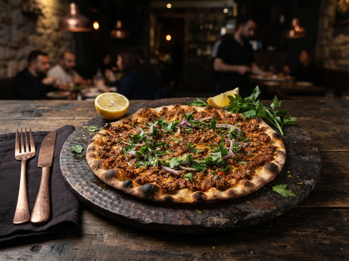 Turkish lahmacun flatbread topped with spiced mince and lemon