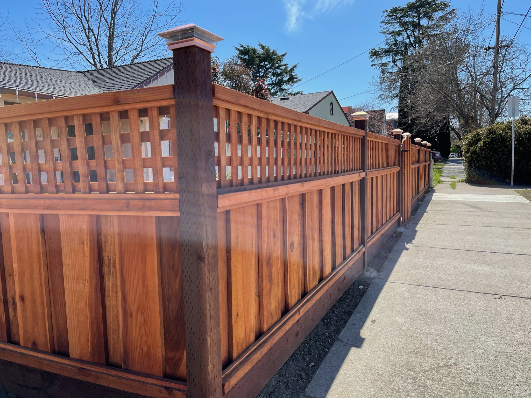 Premium Redwood Perimeter Fence with Square Lattice & Post Caps