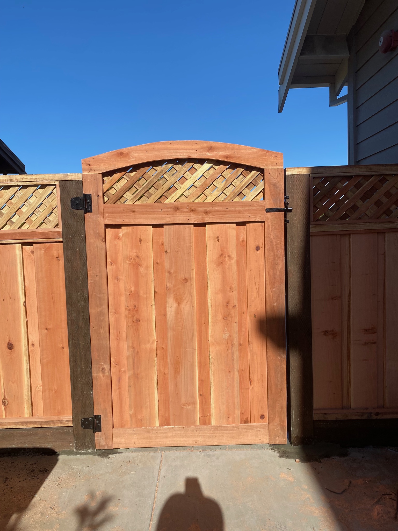 Custom Arched Redwood Garden Gate with Diagonal Lattice Accent