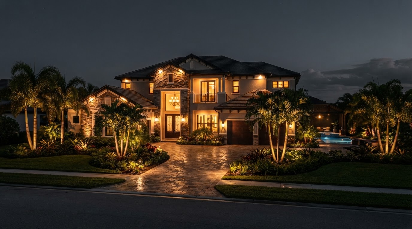 Lighting design concept showing an upscale Estero home at night with architectural uplighting on the facade and lit palms and tropical landscaping