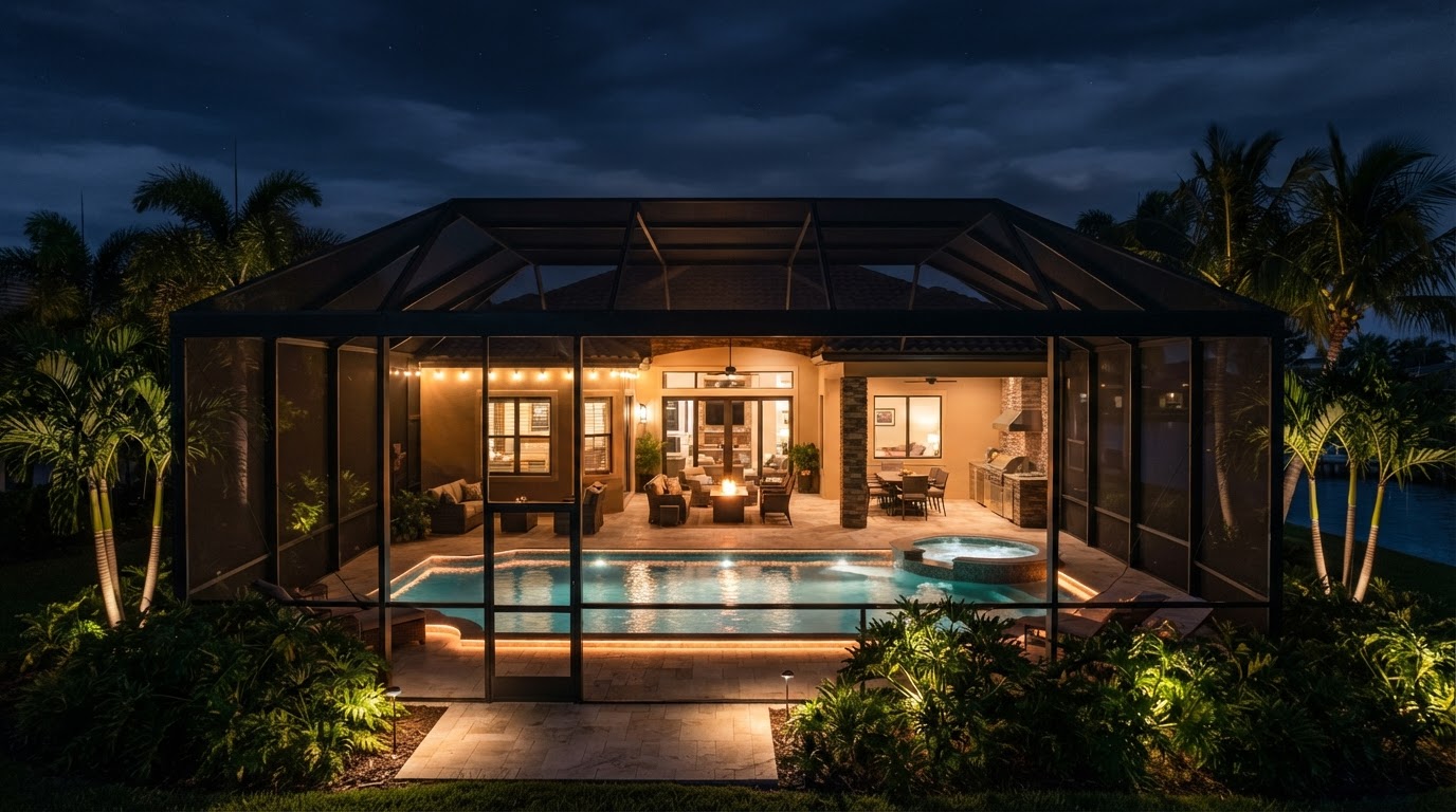 Lighting design concept showing a Cape Coral screened pool home at night with warm pool glow through the cage and palms around the enclosure