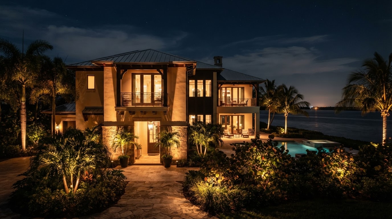 Lighting design concept showing a Marco Island coastal home at night with warm landscape lighting on palms and subtle architectural uplighting