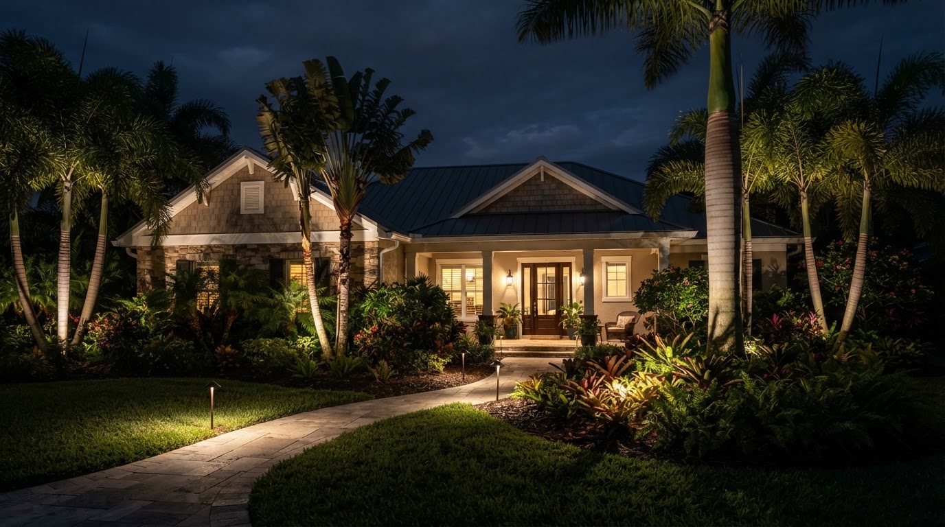 Lighting design concept showing a traditional Bonita Springs home at night with warm uplighting on mature tropical landscaping and a softly lit entry