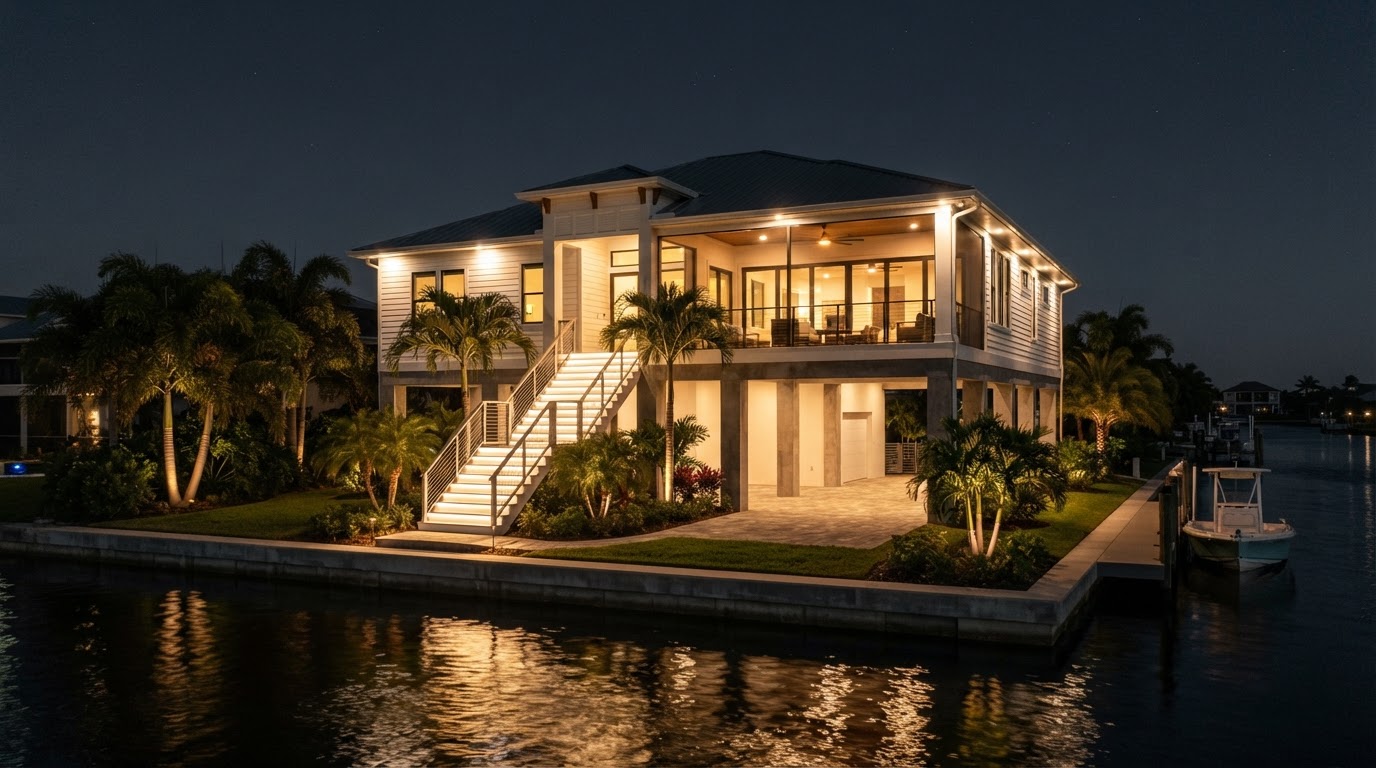 Lighting design concept showing an elevated Cape Coral stilt waterfront home at night with architectural lighting and an illuminated entry stair