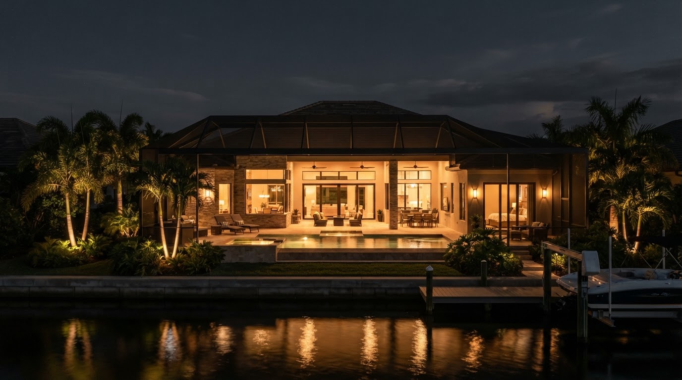 Lighting design concept showing a Marco Island waterfront pool home at night with warm pool glow through the screen and a canal reflection