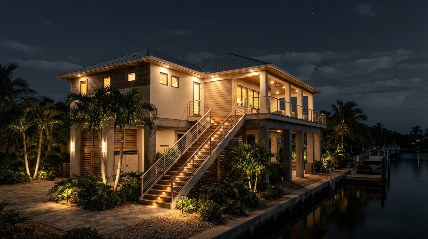 Lighting design concept showing an elevated Marco Island stilt home at night with architectural lighting and an illuminated entry stair