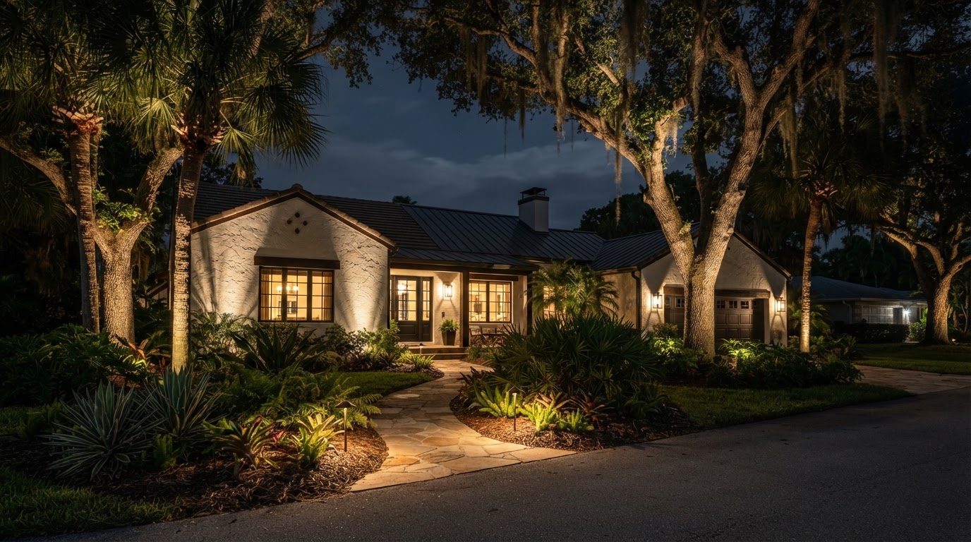 Lighting design concept showing an established Fort Myers neighborhood home at night with moonlighting through mature oaks and palms
