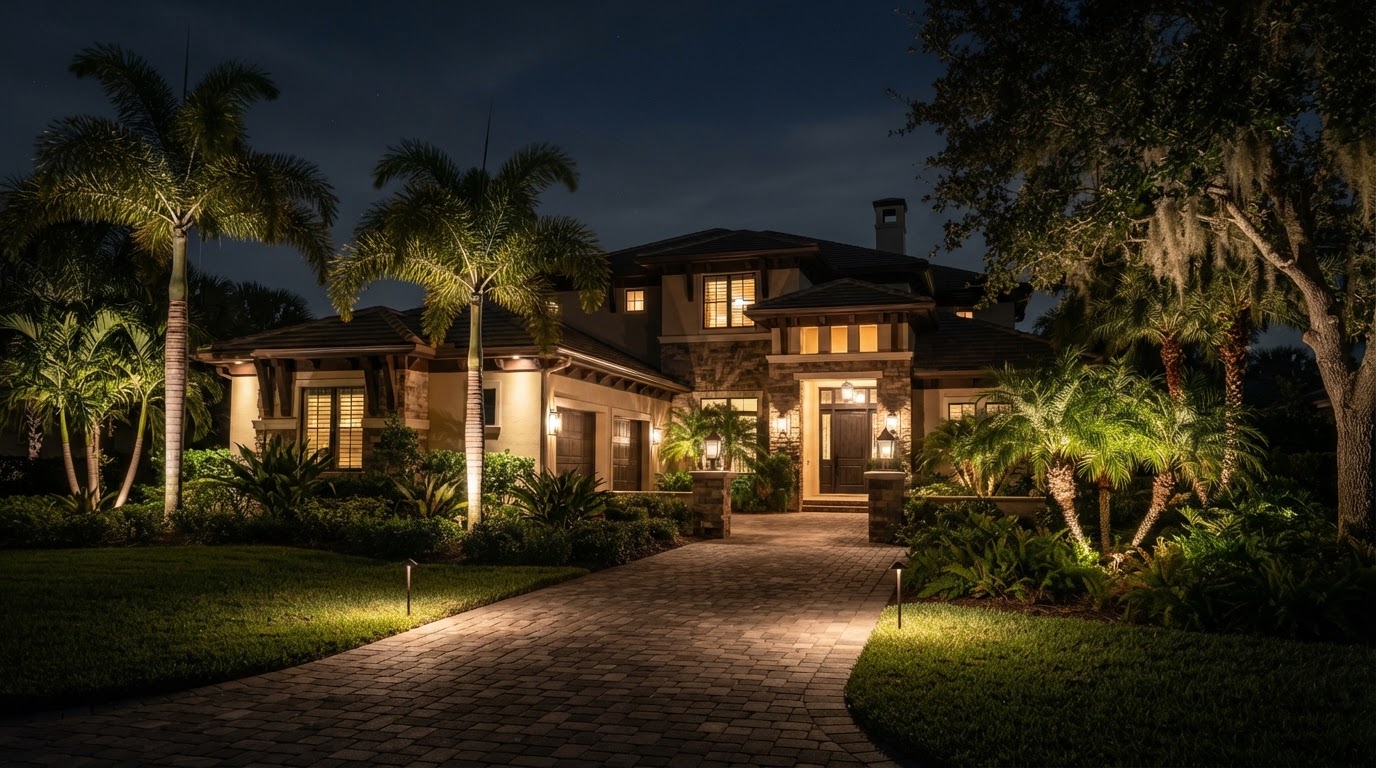 Lighting design concept showing an upscale Naples golf-community home at night with specimen landscape uplighting and an illuminated entry