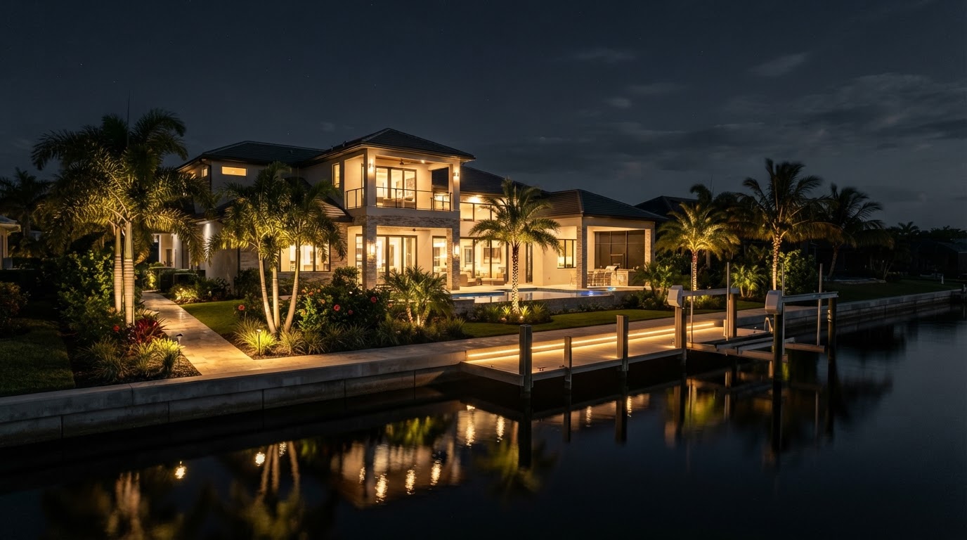 Lighting design concept showing a Cape Coral canal-front home at night with seawall landscape lighting and a soft reflection on the canal