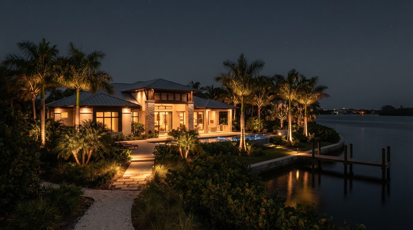 Lighting design concept showing a Bonita Springs coastal home at night with warm uplighting on palms and subtle architectural accents