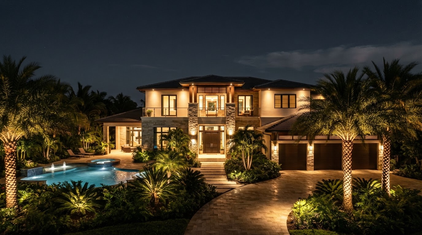 Lighting design concept showing an upscale Marco Island tropical home at night with lush palm uplighting and an illuminated entry