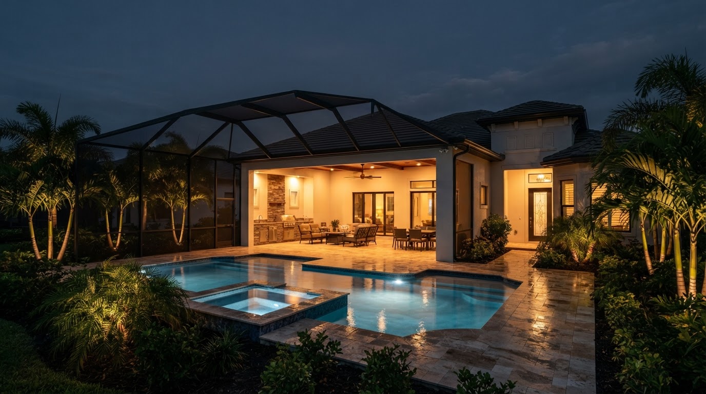 Lighting design concept showing an Estero pool and lanai home at night with warm pool glow through the screen and palms around the cage