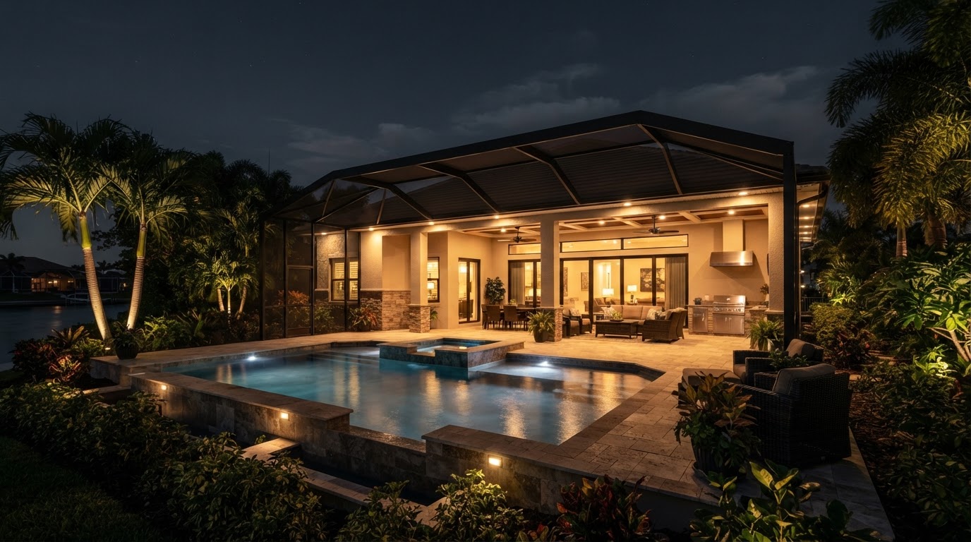 Lighting design concept showing a Bonita Springs pool and lanai home at night with warm pool glow through the screen and tropical landscaping