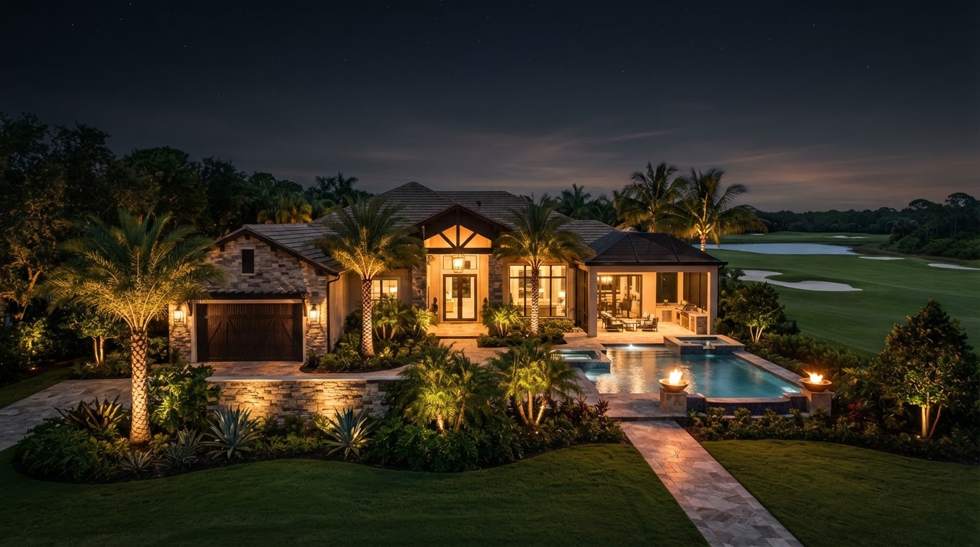 Lighting design concept showing an Estero golf-community home at night with manicured landscape uplighting and an illuminated entry