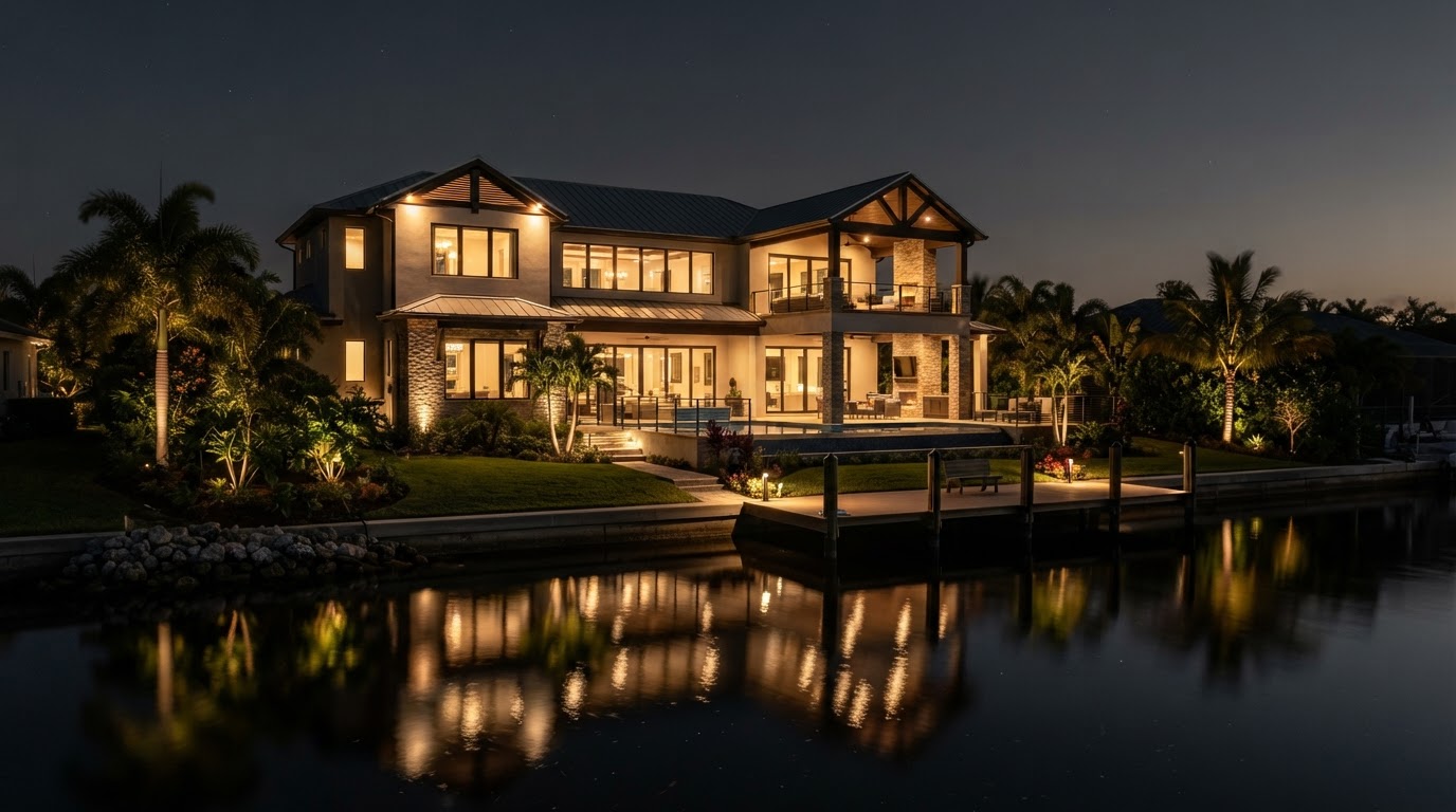 Lighting design concept showing a Naples waterfront home at night with landscape and architectural lighting reflected in calm water