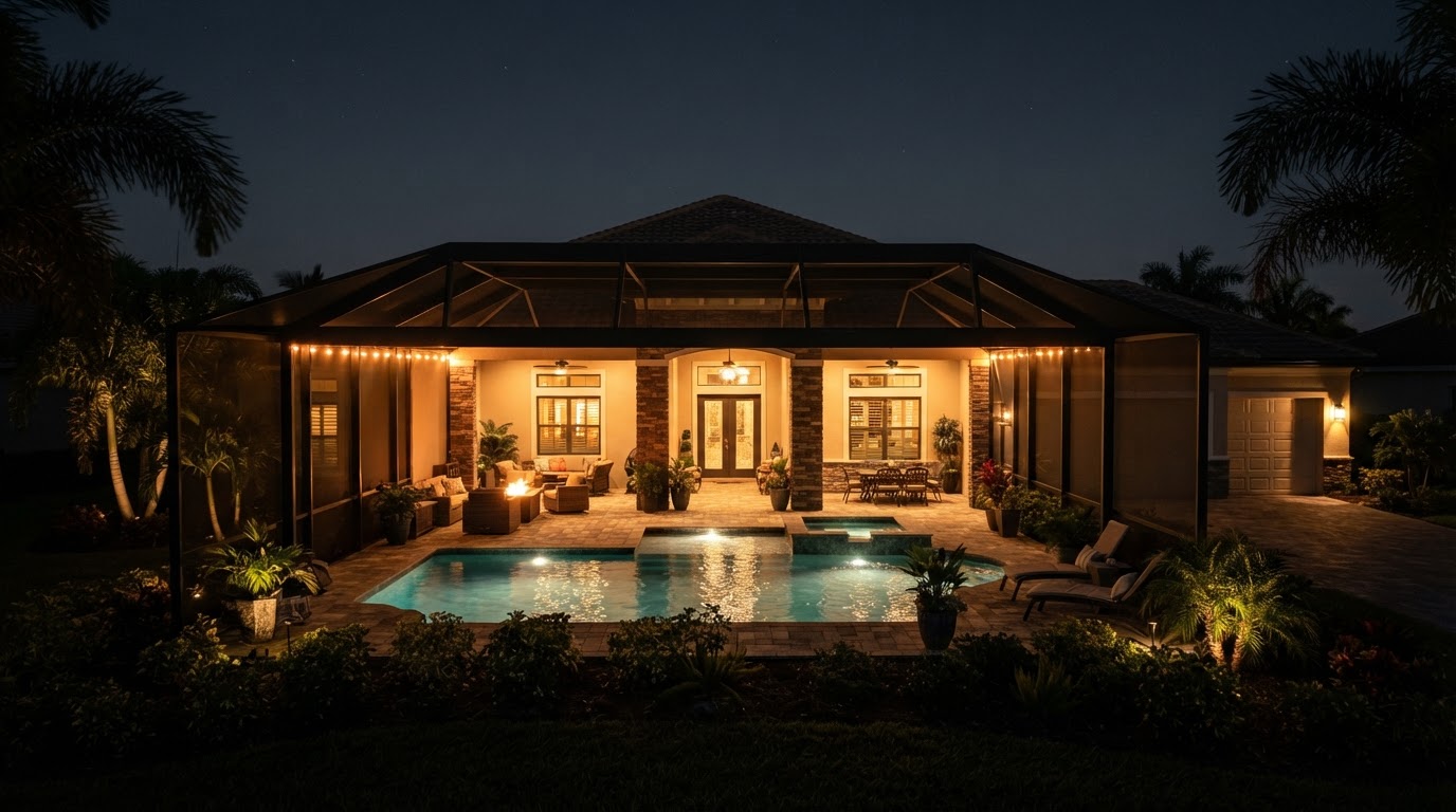 Lighting design concept showing a Naples screened pool and lanai glowing warmly at night with palms around the cage