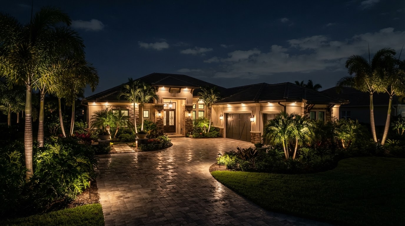 Lighting design concept showing a Bonita Springs gated-community home at night with an elegantly lit entry and tropical landscape uplighting