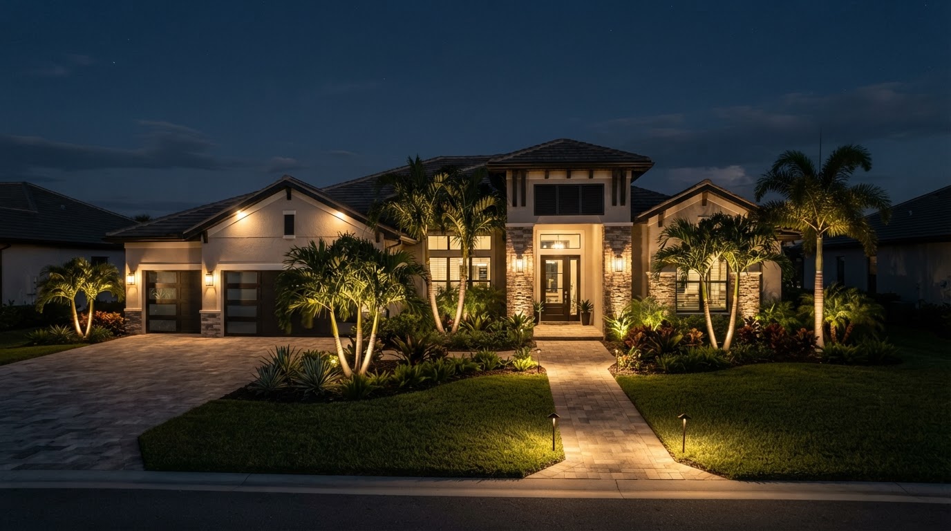 Lighting design concept showing an Estero planned-community home at night with warm entry uplighting and an illuminated driveway