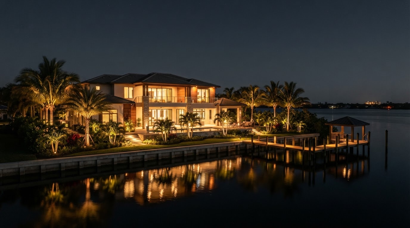 Lighting design concept showing a Fort Myers riverfront home at night with landscape and architectural lighting reflected in the calm river