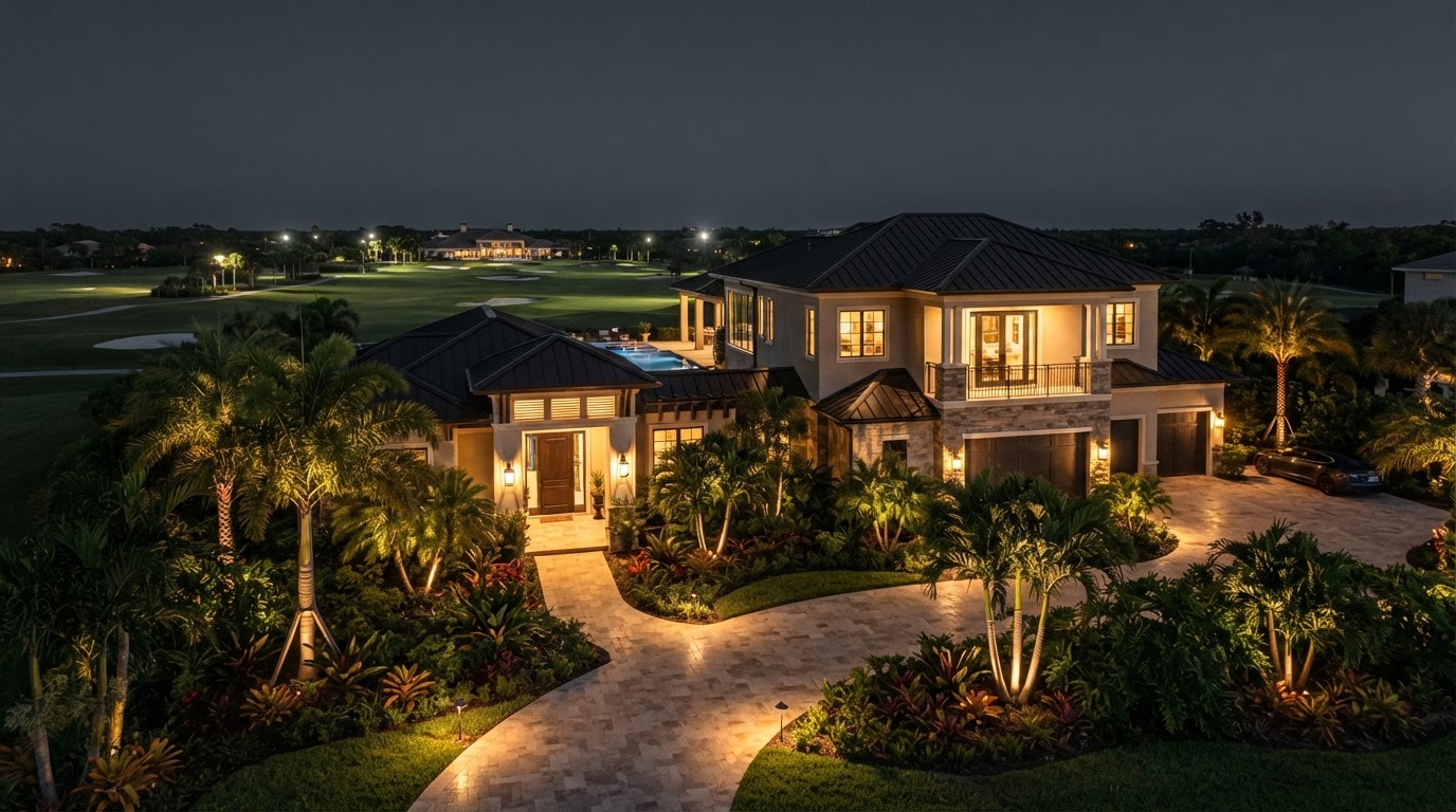 Lighting design concept showing a Fort Myers golf-community home at night with manicured landscape uplighting and an illuminated entry