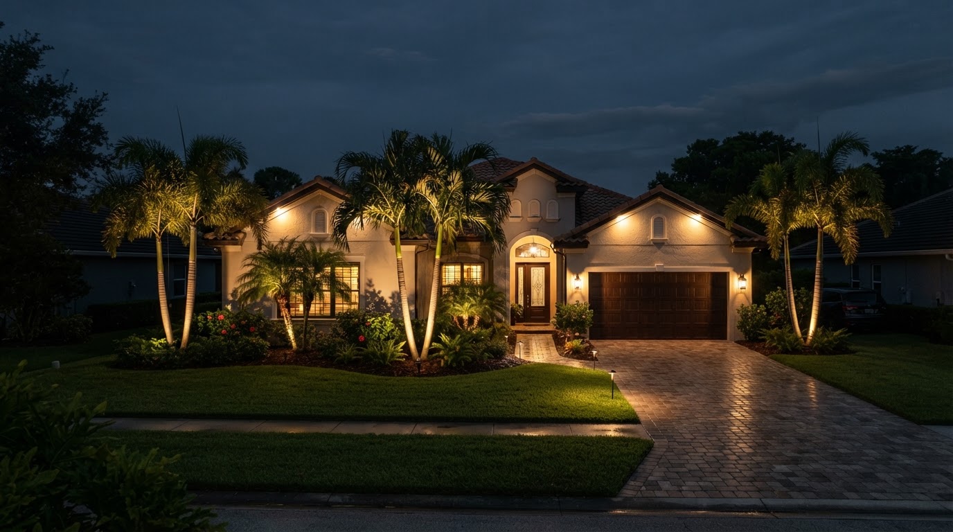 Lighting design concept showing a typical Cape Coral single-family home at night with warm palm uplighting and a softly lit driveway