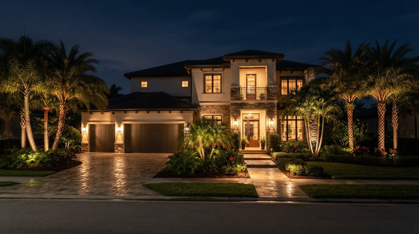 Lighting design concept showing a Naples single-family home at night with warm uplighting on palms and a softly lit driveway