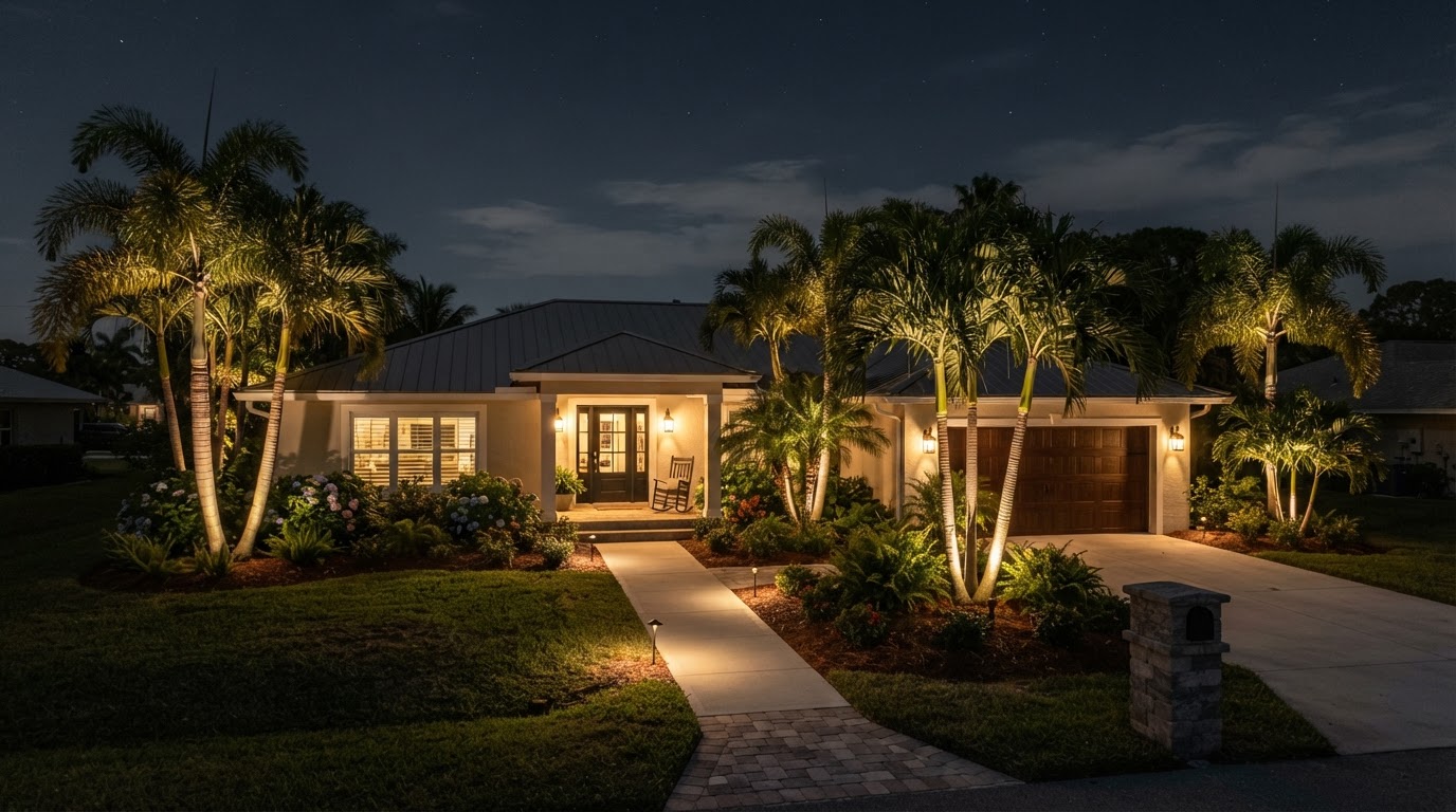 Lighting design concept showing a traditional Fort Myers ranch-style home at night with warm palm uplighting and a softly lit front walkway