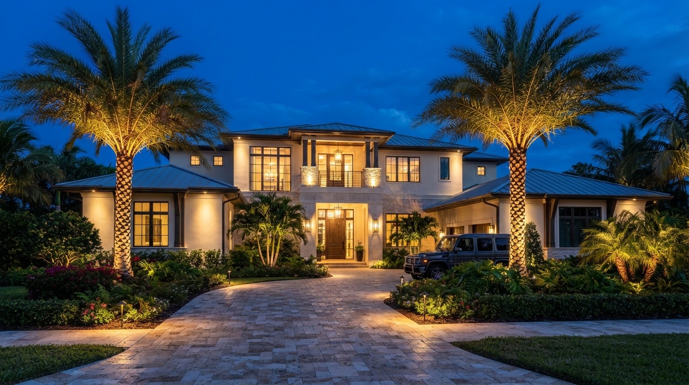 Luxury coastal home with illuminated palm trees and architectural lighting at night