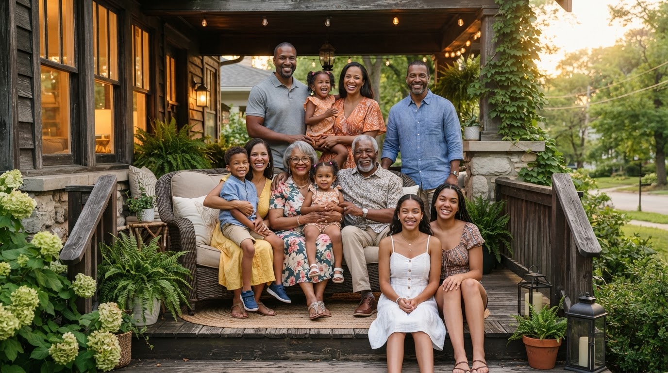 Happy family enjoying security and freedom on their front porch