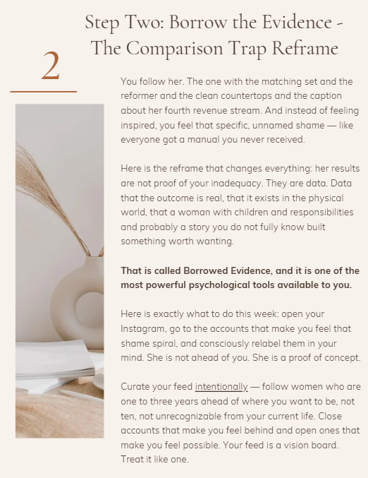 Page sample from The Thriving Mom Reset showing 'Step Two: Borrow the Evidence - The Comparison Trap Reframe'