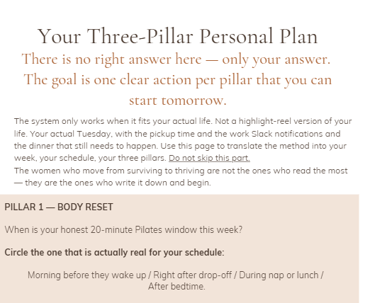 Page sample from The Thriving Mom Reset showing 'Your Three-Pillar Personal Plan'