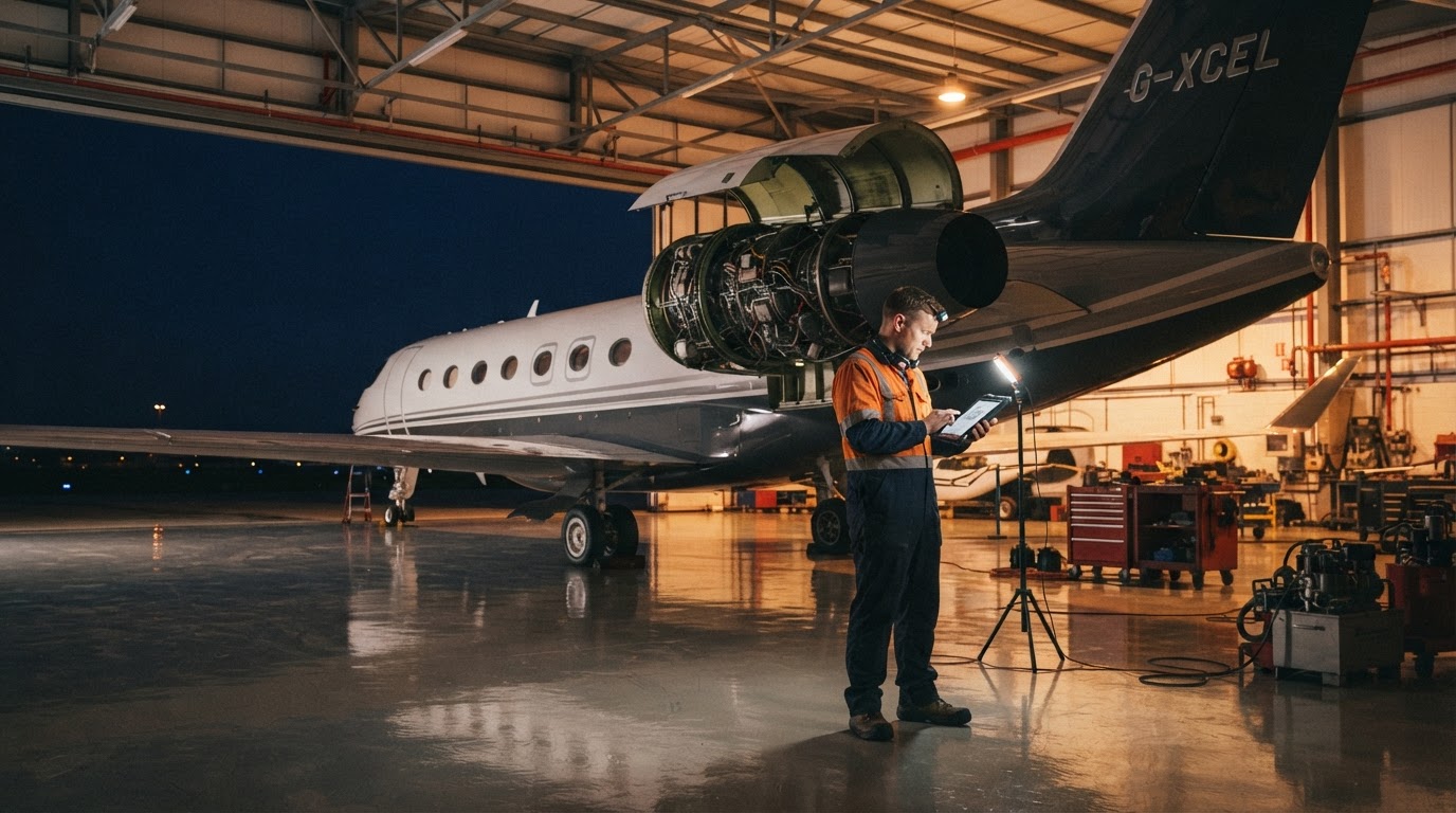 Aircraft maintenance technician in a private jet hangar reviewing a tablet near an open engine cowl