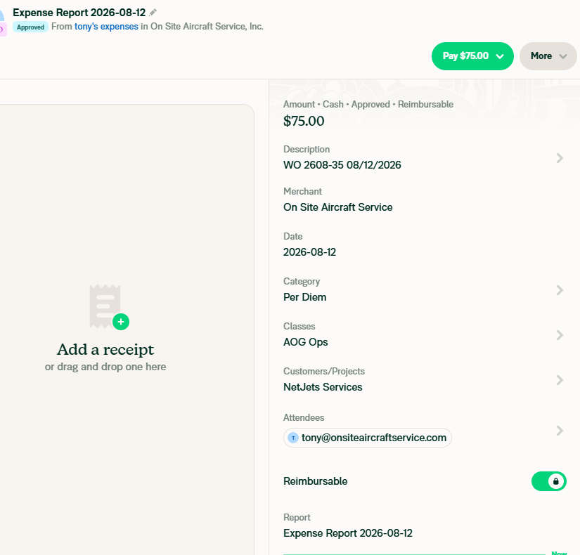 Per Diem entry — WO number + date in description, reimbursable ON