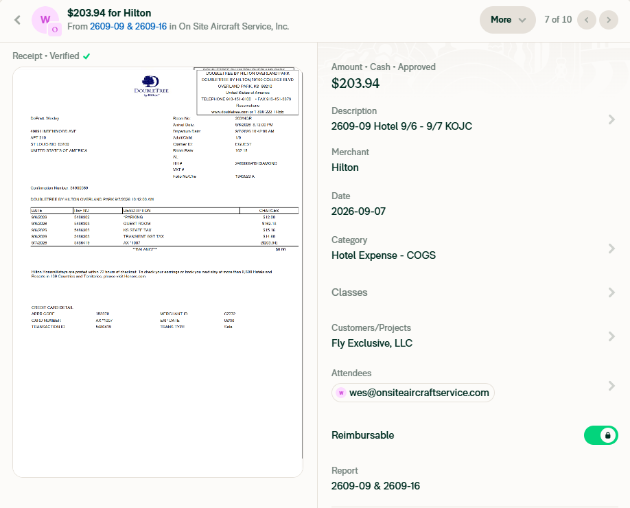 Hotel folio — WO number, stay dates & location in description