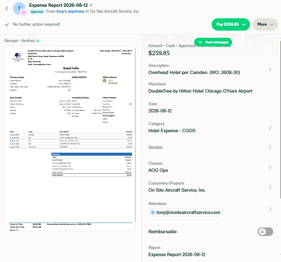 Company credit card charge — in Expensify for matching, reimbursable OFF