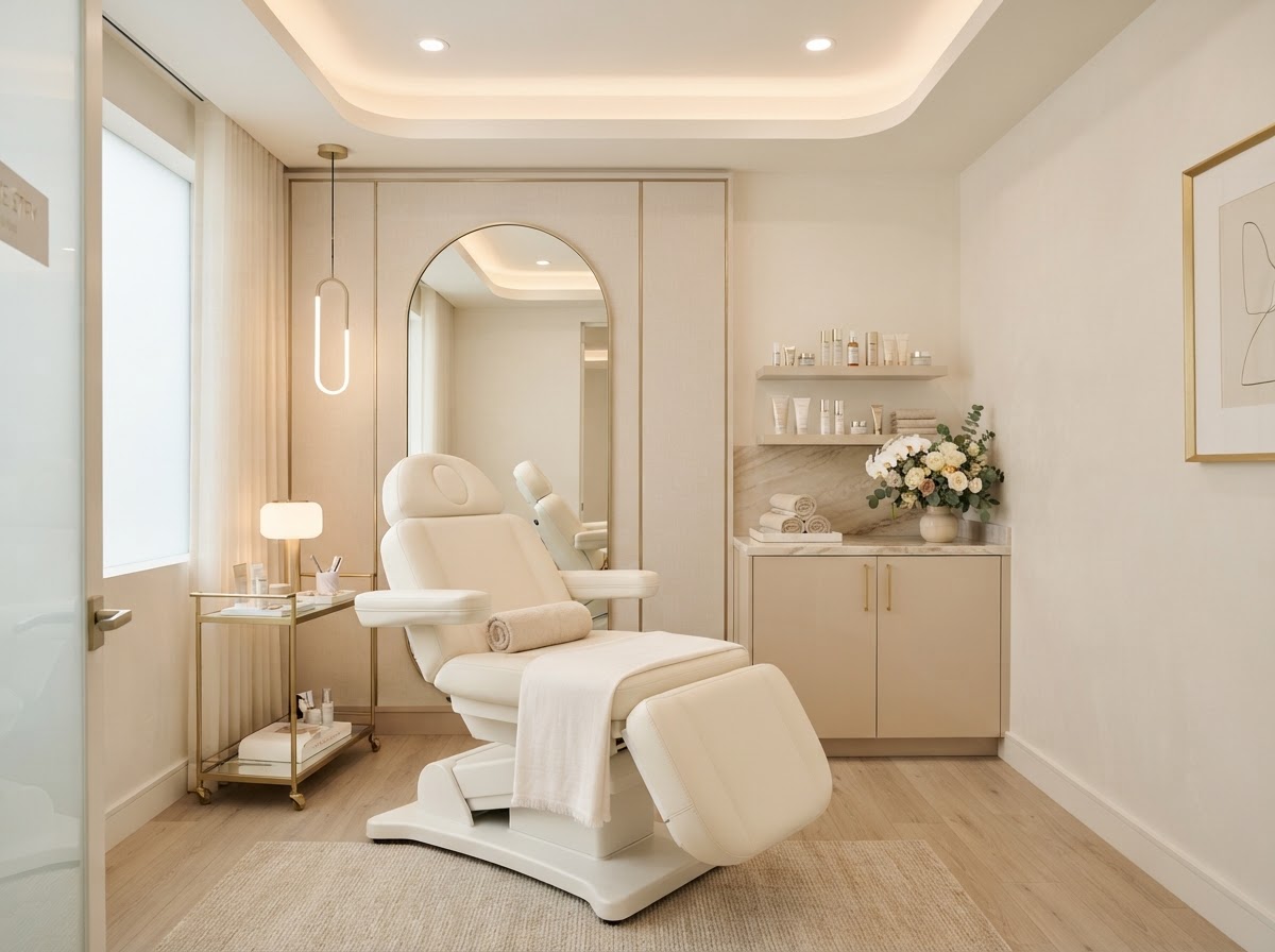 Elegant med spa treatment room in ivory and champagne tones