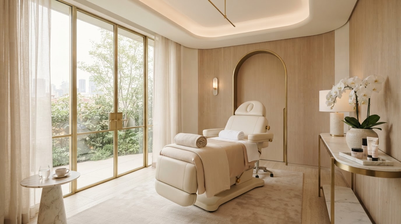 Premium med spa interior in warm ivory and champagne tones