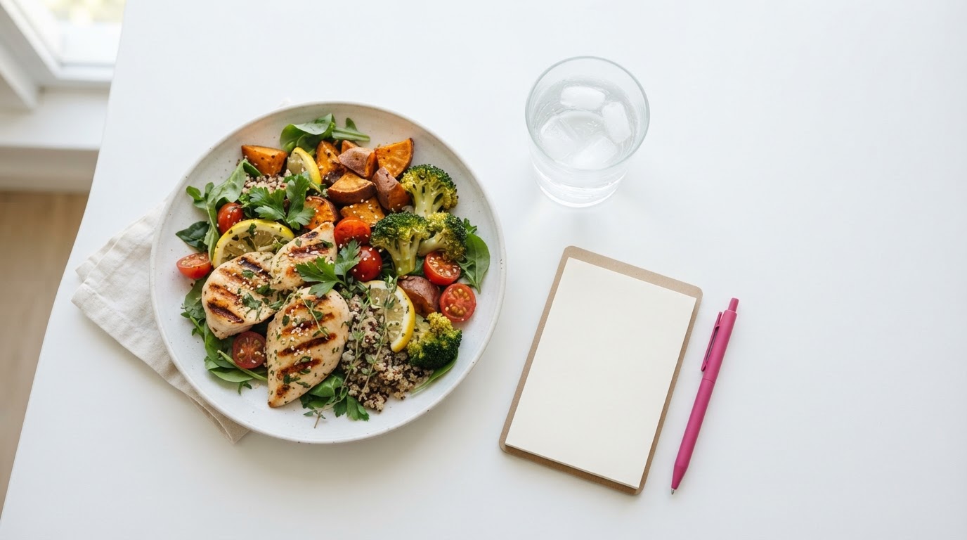 A fresh, balanced meal with water, a notebook and pen on a clean surface