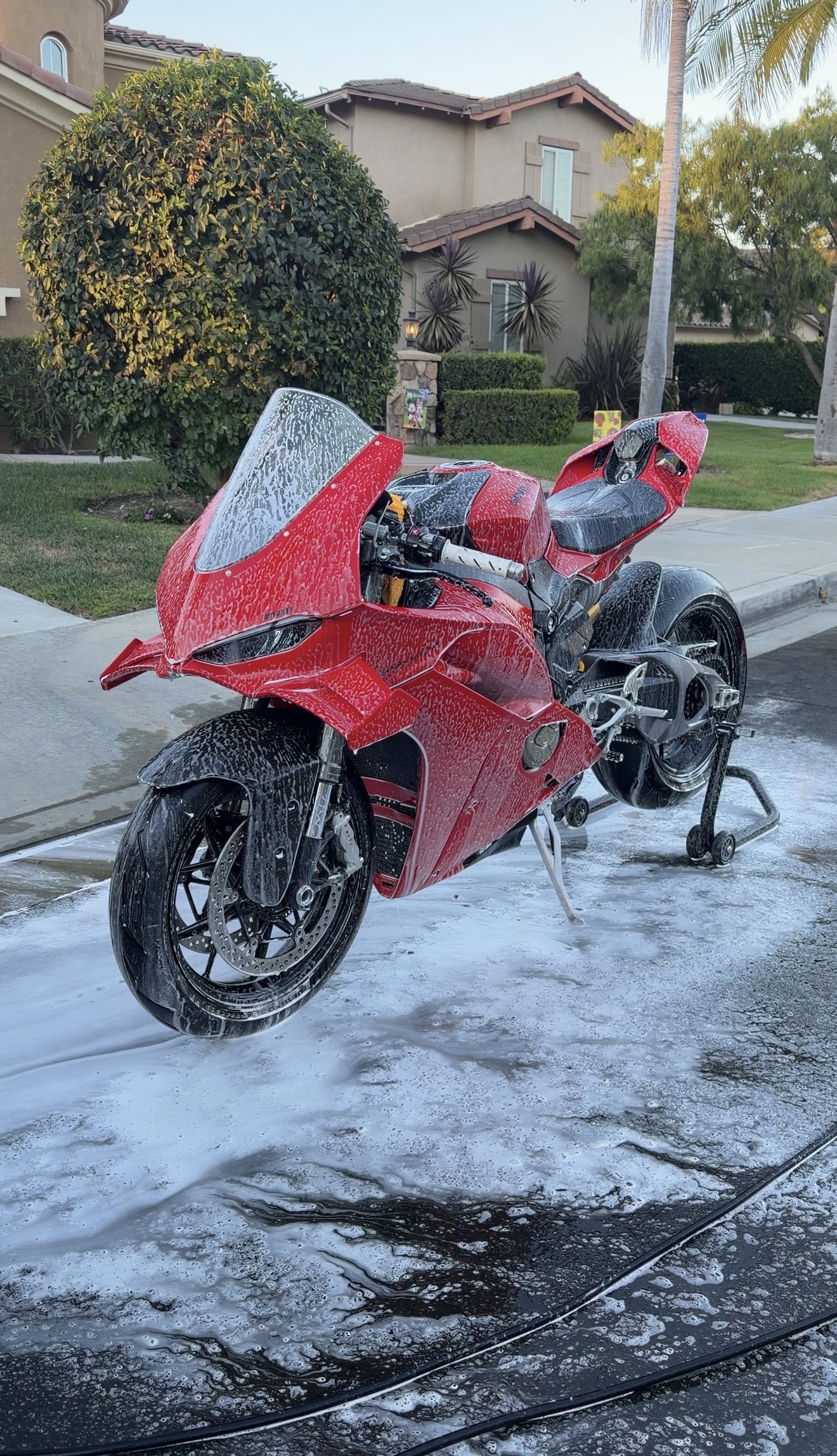 Ducati Panigale covered in delicate snow foam bath