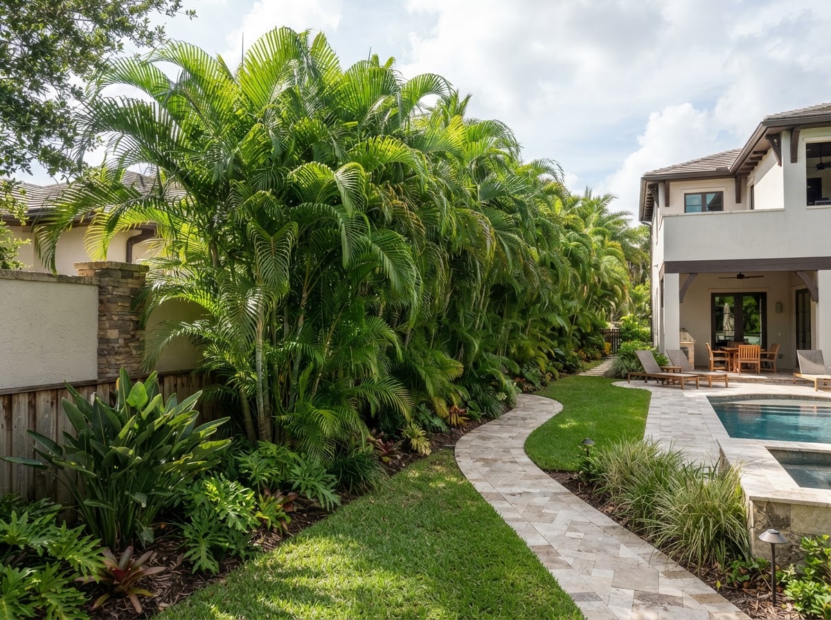 Mature Areca palms used as privacy screening along a Florida property line