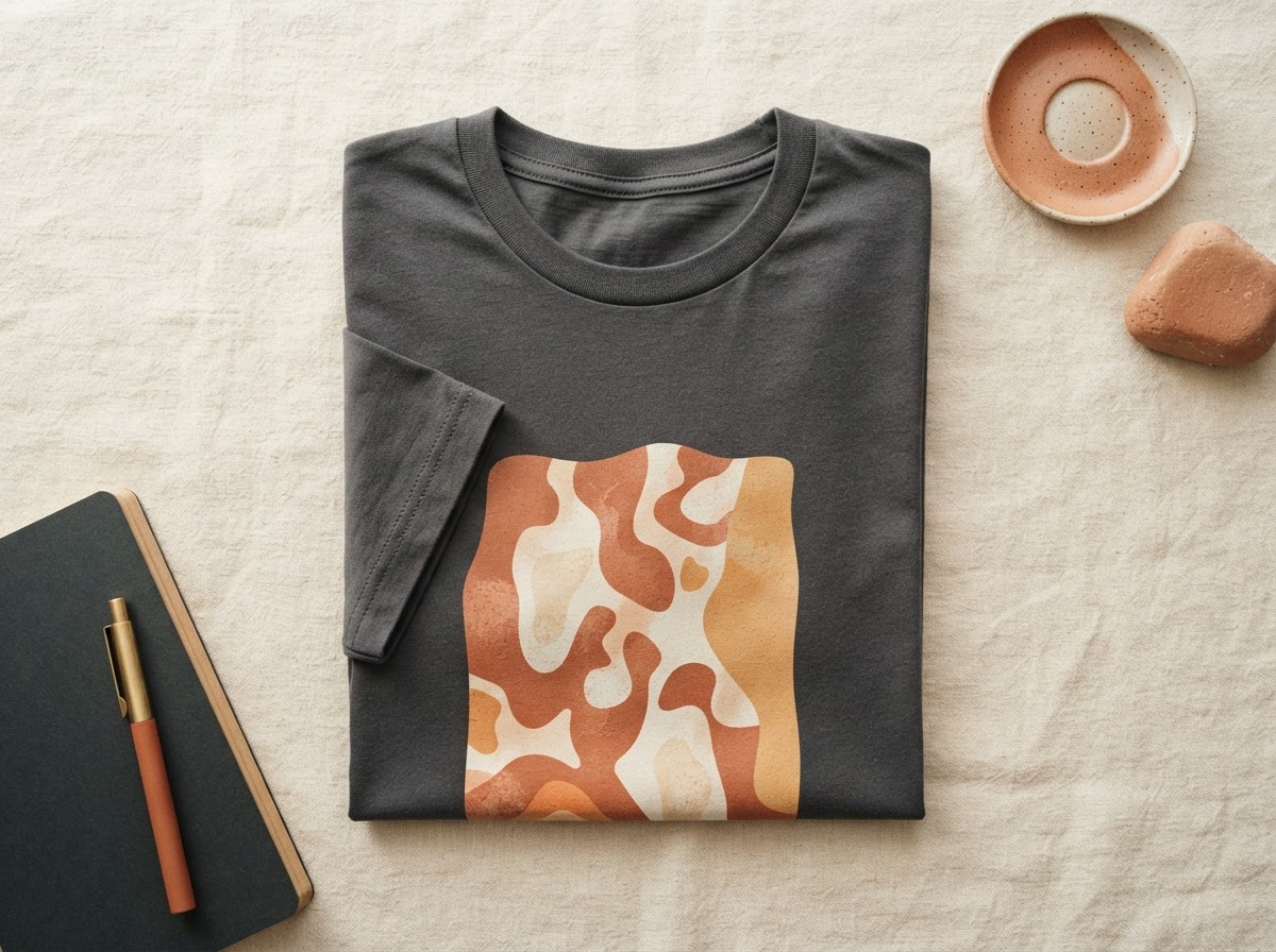 Folded custom heat press t-shirt on warm ivory linen