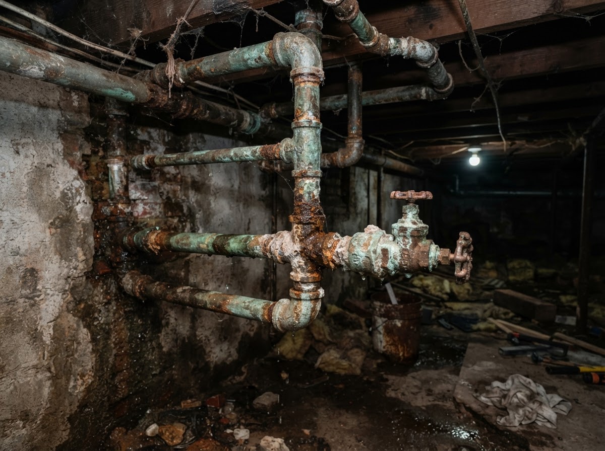 Before — corroded rusty plumbing pipes, sample photo placeholder