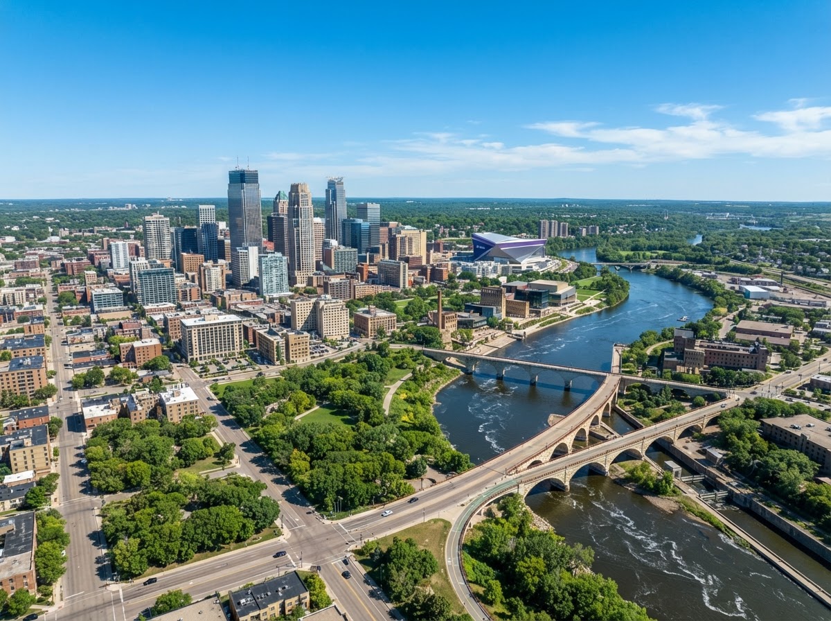 Aerial view of the Minneapolis skyline and Mississippi riverfront on a clear blue-sky day