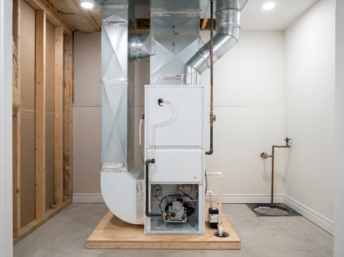 Newly installed high-efficiency white residential furnace with clean sheet metal ductwork in a basement utility closet