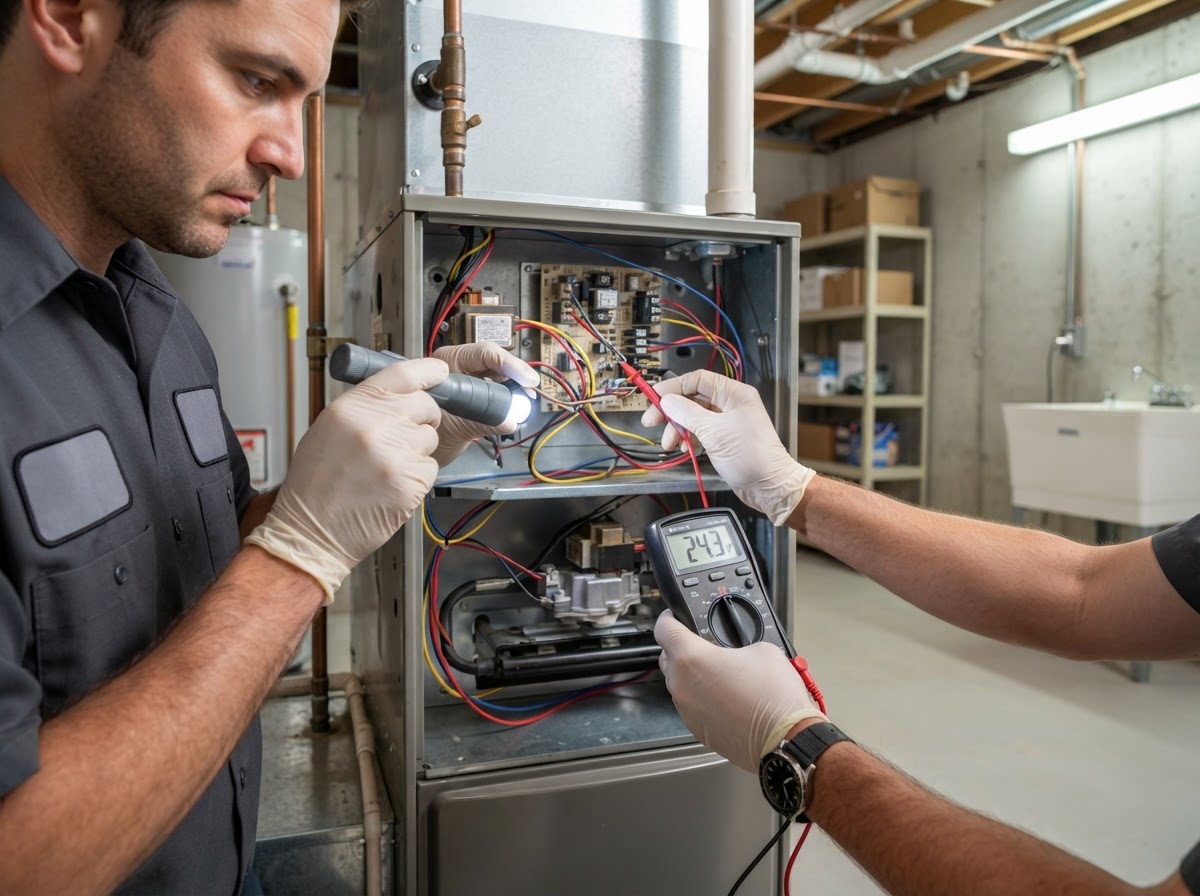 Technician's hands using a flashlight and multimeter to inspect a residential gas furnace in a basement